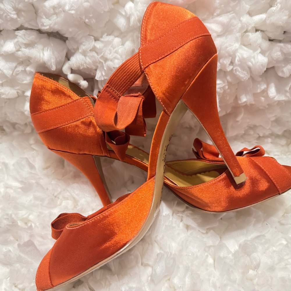 BCBG Paris Orange Heels with Bow and Cutout Design
